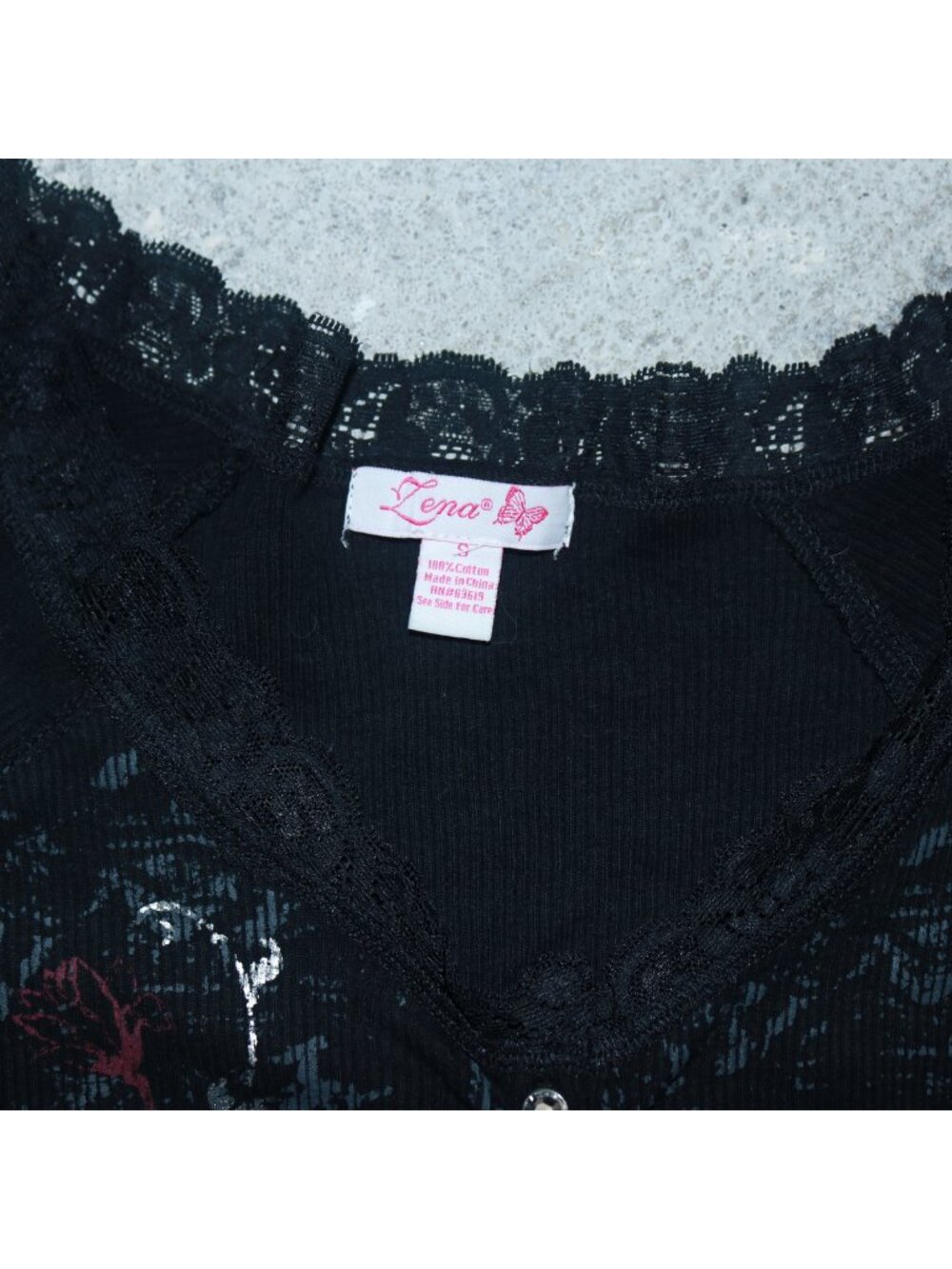 Lena Lace Trim Graphic Henley Long Sleeve T-Shirt Black Small - Picture 3 of 7